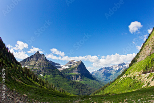 Wide angle view of Glacier National Park from the top of Logan's Pass.  photo