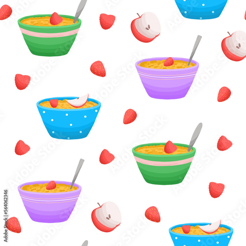 Seamless pattern with oat bowl and fruits in cartoon style