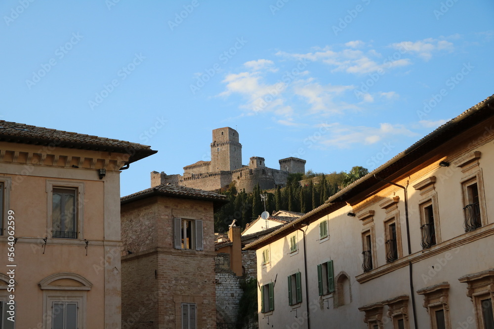 View to Rocca Maggiore from old town Assisi, Umbria Italy
