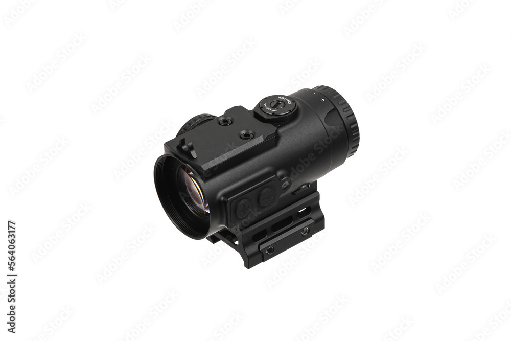Modern optical collimator sight. Aiming device for shooting at short distances. Isolate on a white back. Modern optical collimator sight. Aiming device for shooting at short distances. Isolate on a white back.