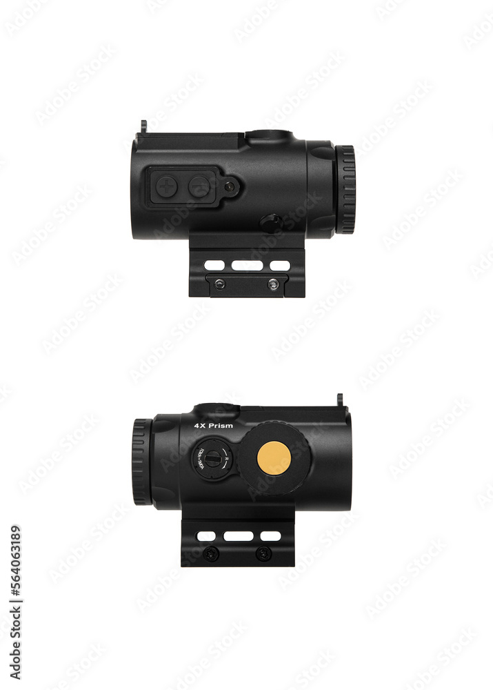 Modern optical collimator sight. Aiming device for shooting at short distances. Isolate on a white back. Modern optical collimator sight. Aiming device for shooting at short distances. Isolate on a white back.