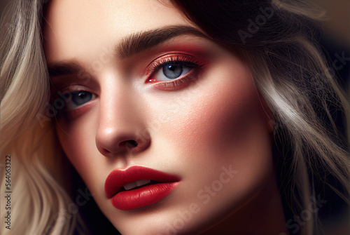 Portrait of young beautiful woman with red lipstick. Digitally AI generated image.