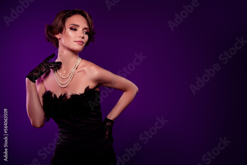 Photo of charming fancy lady royal aristocracy look night performance cabaret touch jewelry isolated dark background