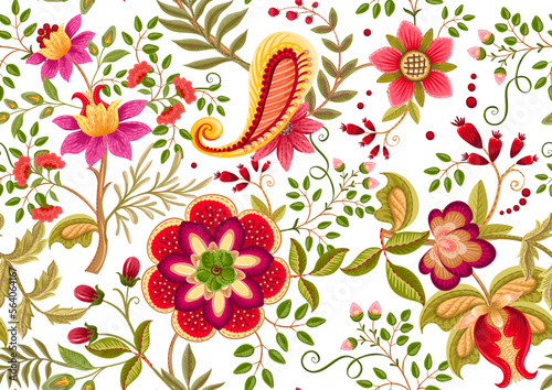 Fantasy flowers in retro, vintage, jacobean embroidery style. Seamless pattern, background. Vector illustration.