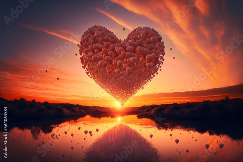 Love Hearts Floating into Sunset, Reflecting into River, Generative AI, Generative, AI