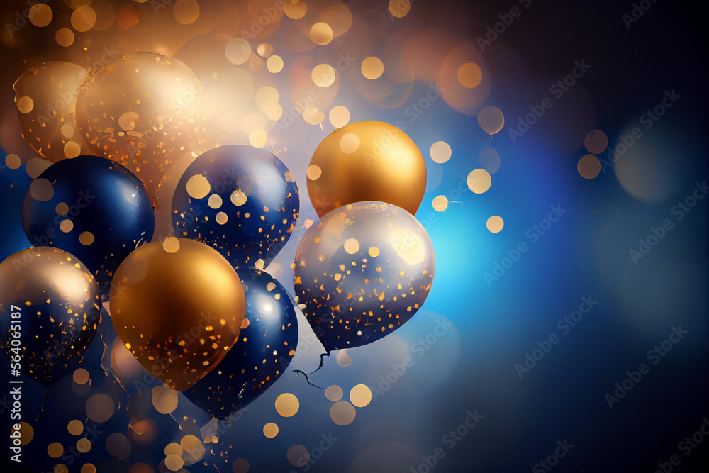 Fototapeta premium Festlicher Hintergrund mit Luftballons und Konfetti mit unscharfen Hintergrund und Bokeh Lichter - Generative Ai 