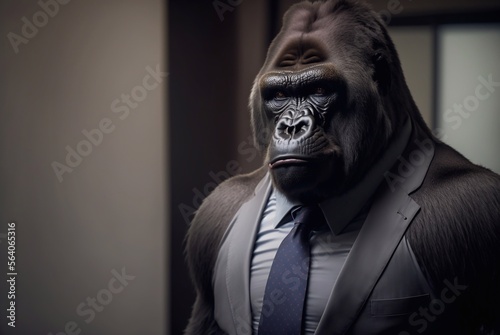 Gorilla businessman wearing a black suit. Generative AI