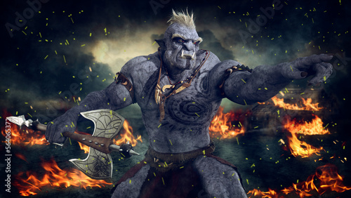 Powerful fantasy orc warrior fighting with an axe on a burning battlefiled. 3D illustration.