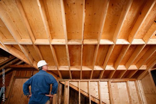 Fotografija Inspector checking out attic and support beams of home addition project