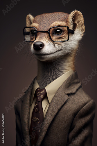 Weasel wearing a business suit and glasses by generative AI photo
