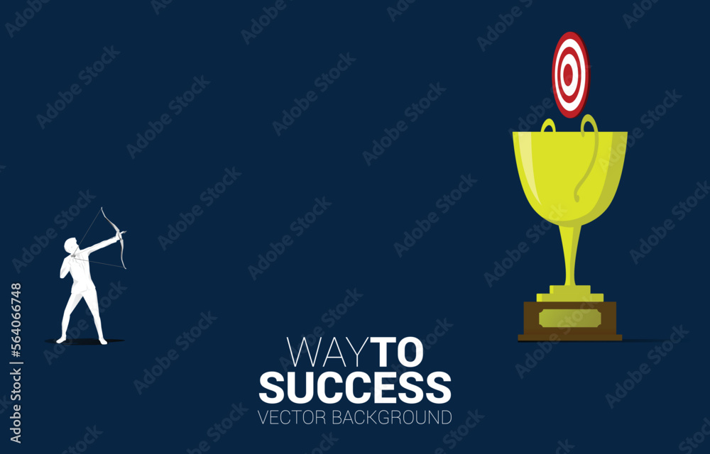 Businessman in suit shoot the arrow to target on champion trophy. Business Concept of leadership goal and vision mission Businessman in suit shoot the arrow to target on champion trophy. Business Concept of leadership goal and vision mission