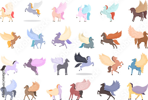 Pegasus icons set cartoon vector. Ancient greek. Crest blazon