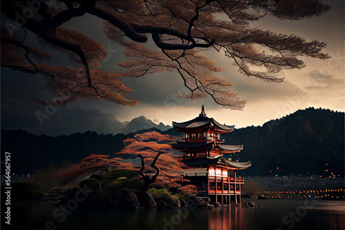 Japanese landscape. Sakura, fuki mountain, temple