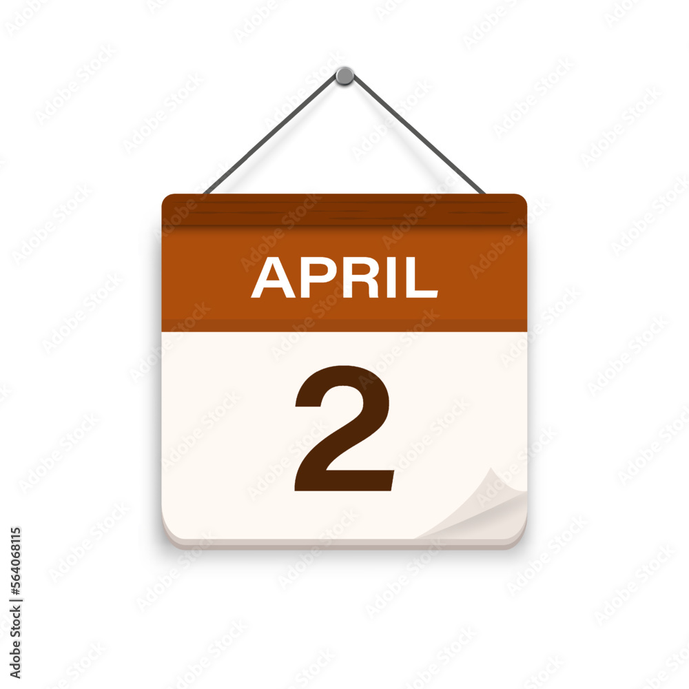 April 2, Calendar icon with shadow. Day, month. Meeting appointment time. Event schedule date. Flat vector illustration. 