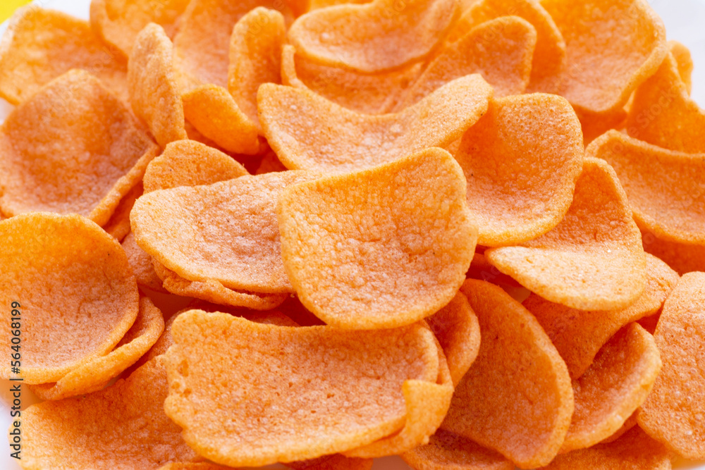 Prawn crackers on white background. Shrimp crispy rice snack Prawn crackers on white background. Shrimp crispy rice snack