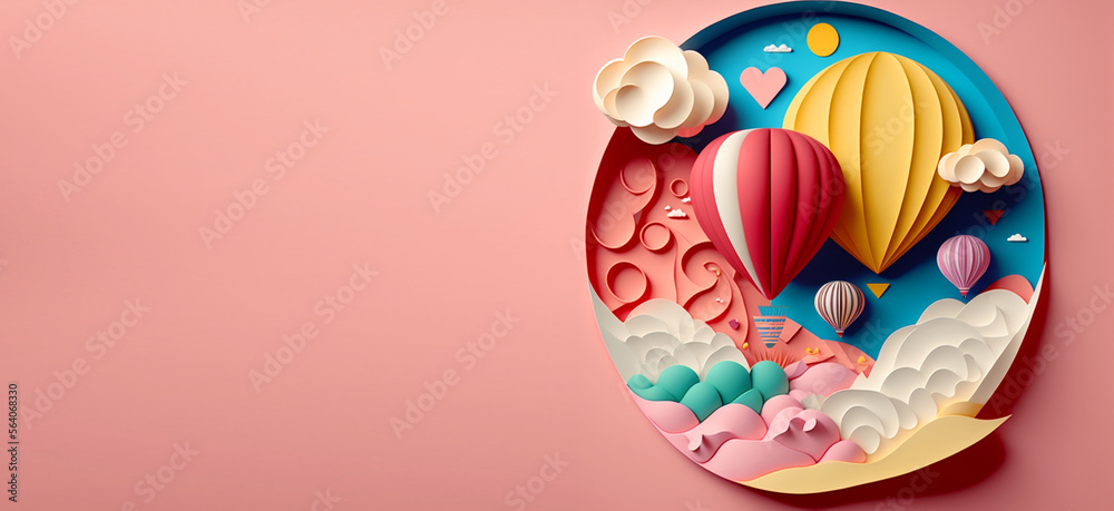 Concept banner travel Cappadocia Turkey, style illustration layered paper pink. Amazing colorful hot air balloon. Generation AI Concept banner travel Cappadocia Turkey, style illustration layered paper pink. Amazing colorful hot air balloon. Generation AI