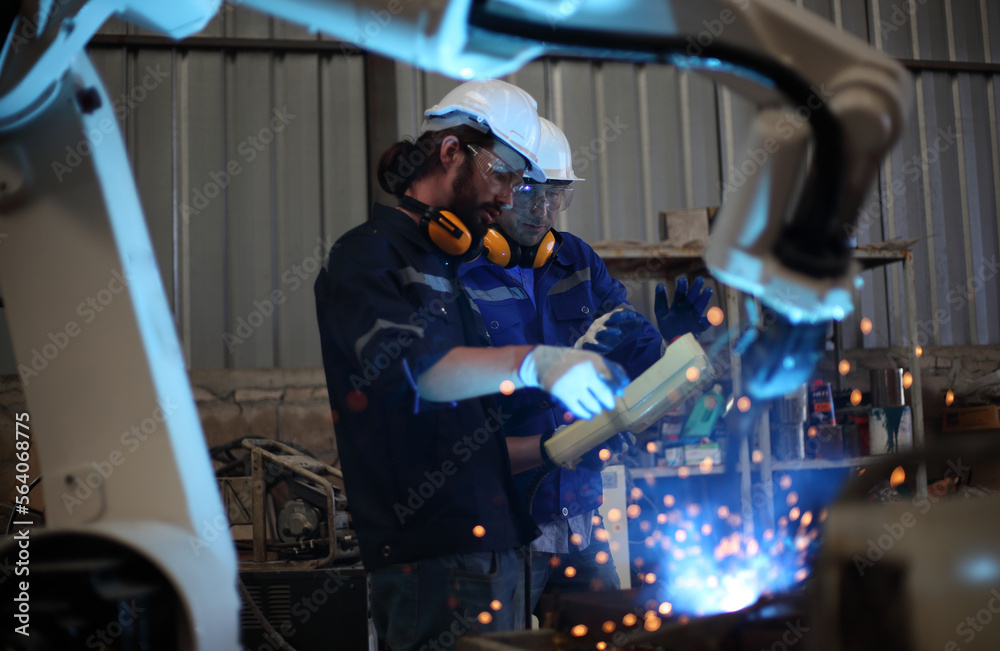 engineer teaching robot welding machine , he explanation how to working of robot arm , all