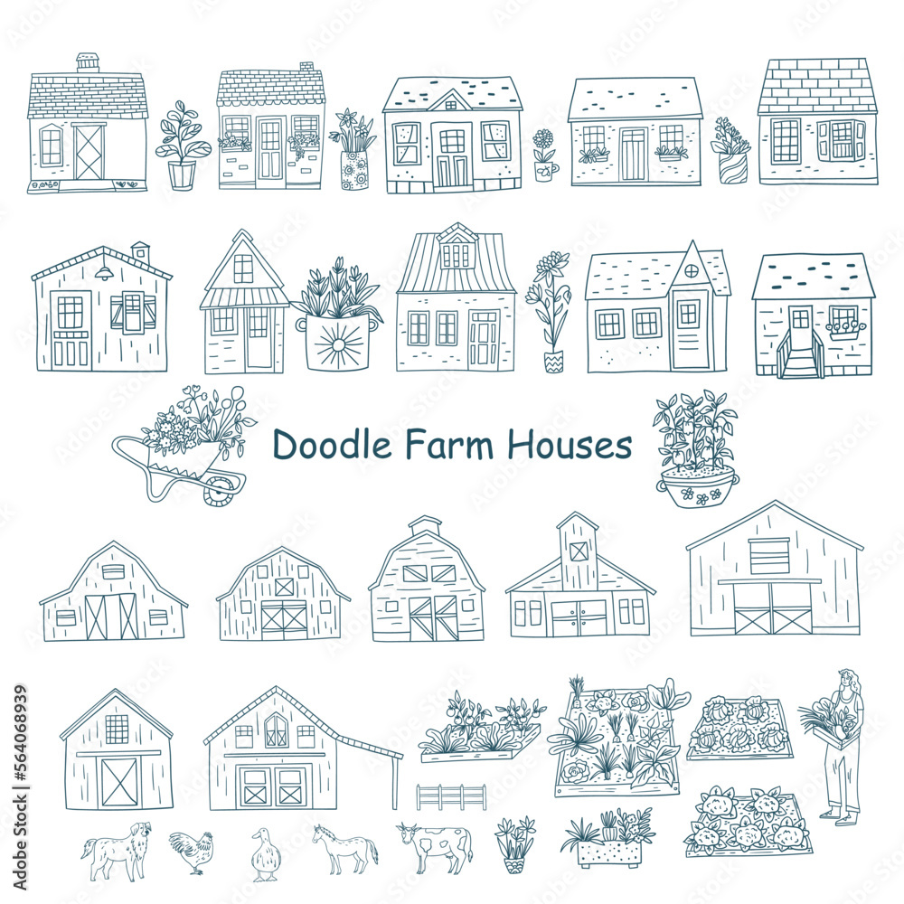 Farm houses and buildings doodle set collection, outline cartoon vector illustrations