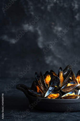 Mussels in a pan and a Glass of white wine. Black background. Food photography. Low key. Copy place.