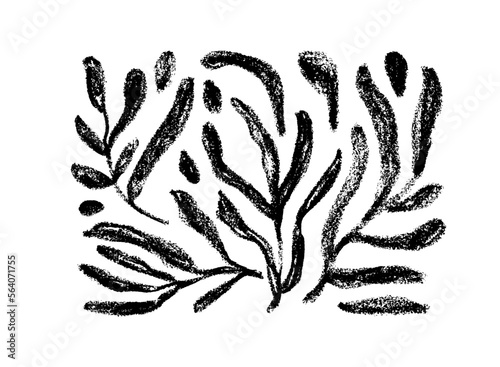 Tropical leaves in naive style. Charcoal drawn branches with long rounded leaves. Black paint vector illustrations set. Botanical silhouettes isolated on white background. Rustic style drawing. 