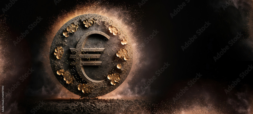 the euro coin in particles splash for inflation and financial issues concept with copyspace area and isolated on black background