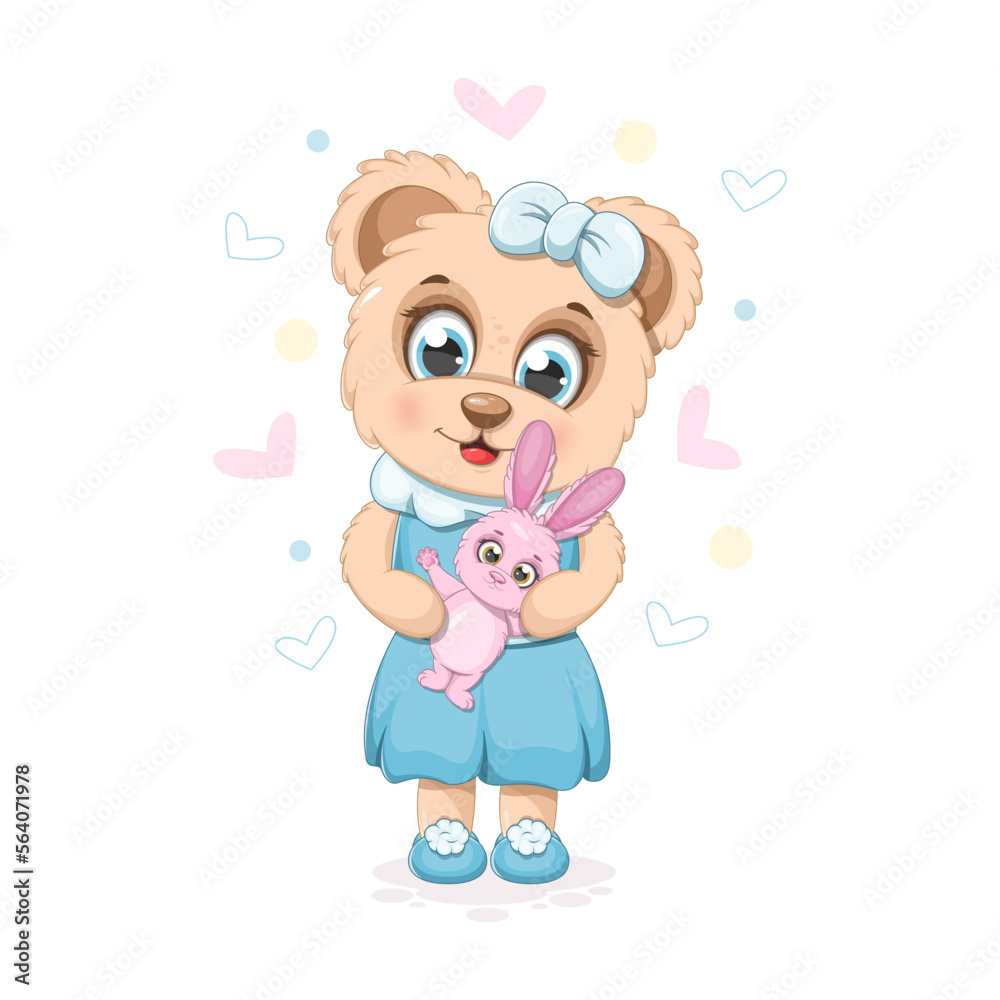 Cute cartoon teddy bear with a soft toy bunny
