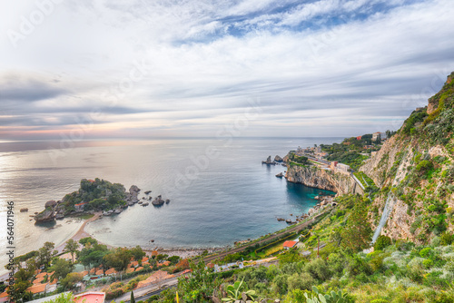 Panoramic aerial view of Isola Bella island and beach in Taormina