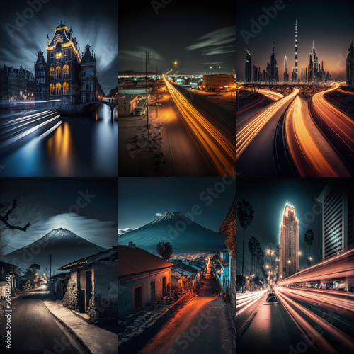 Set of 6 images, Long exposure photography of a city at night, illustration made with Generative AI  photo