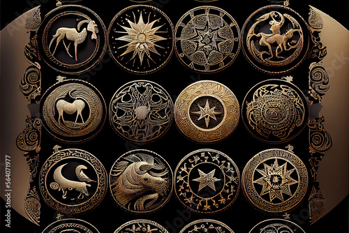 Zodiac signs inside of horoscope circle - astrology and horoscopes concept. Abstract astrological background. Ai generated illustration.