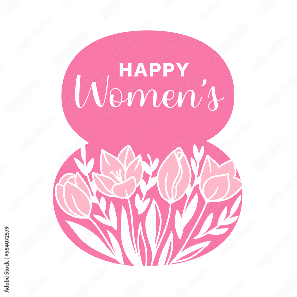 Obraz premium Pink number 8 with tulips and the phrase Happy women in a vector