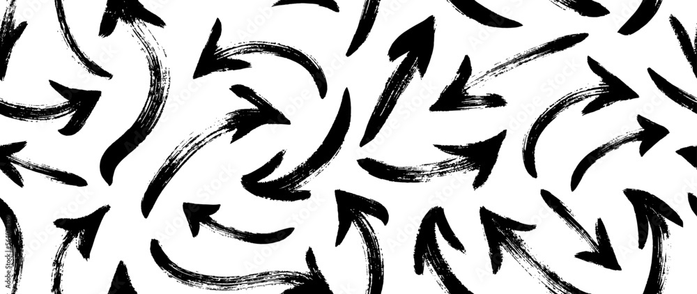 Hand drawn bold curved arrows seamless pattern. Vector black arrows collection. Sketchy design, swirled lines in grunge style. Curved and swirl lines. Squiggly brush drawn strokes. 