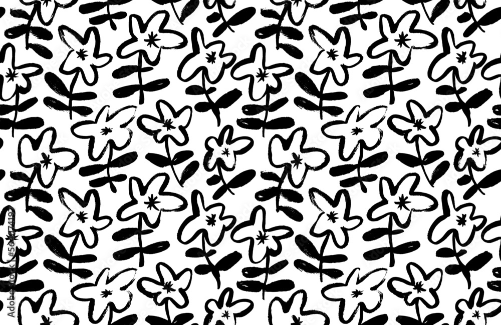 Brush drawn chamomile flowers seamless pattern. Ink drawing daisies with stems and leaves. Simple abstract botanical ornament. Freehand sketch style. Naive style flowers with leaves and stems.