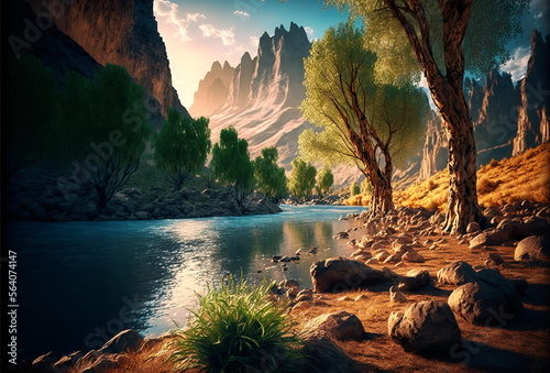 Realistic digital painting of sunset Landscape of nature with mountain ,river and trees, AI