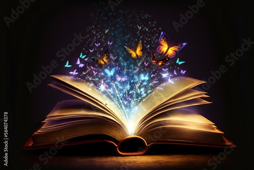 Open magic fantasy book with lights. Generative Ai © Scrudje