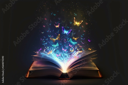 Open magic fantasy book with lights. Generative Ai