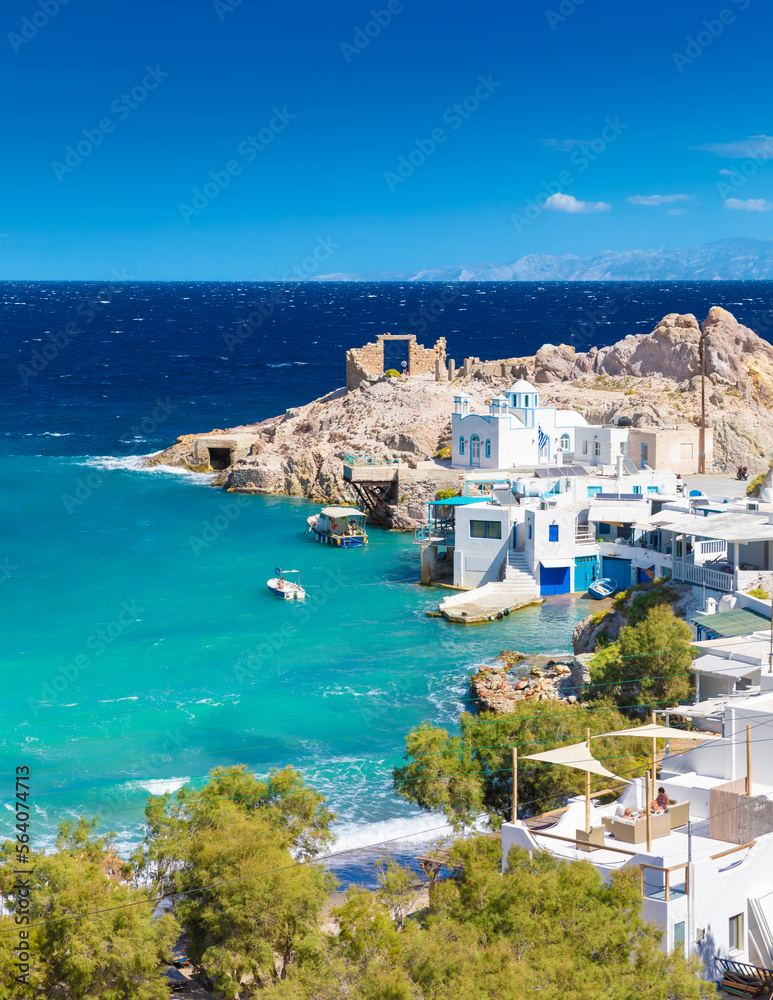 Beach and fishing village of Firapotamos on Milos island, Greece