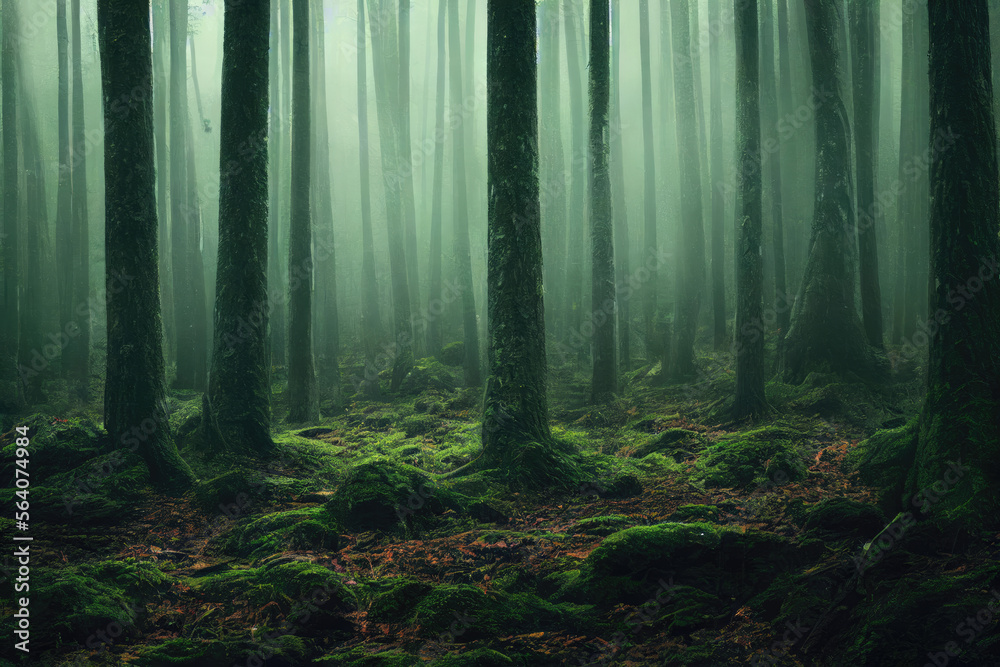 Fototapeta premium foggy and misty forest landscape
