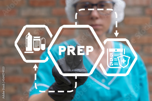 Doctor using virtual touchscreen presses abbreviation: PREP. Pre-Exposure Prophylaxis (PREP) prevent HIV medicine concept. Modern healthcare and science technology. photo
