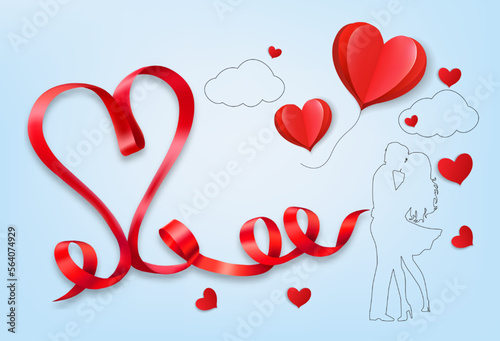 Happy Valentine's Day getting card  with a red heart shape ribbon and couple in love. Vector.