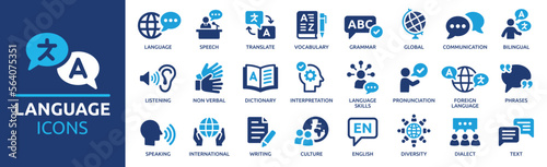 Language icon set. Containing communication, translate, speech, non-verbal, writing, speaking, dictionary, text, language skills and vocabulary icons. Solid icon collection. photo