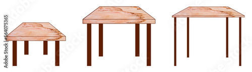 Set of wooden furniture with marble top isolated on a transparent background  png  brown and pink coffee table  dining table and console table  illustration  clipart  cartoon