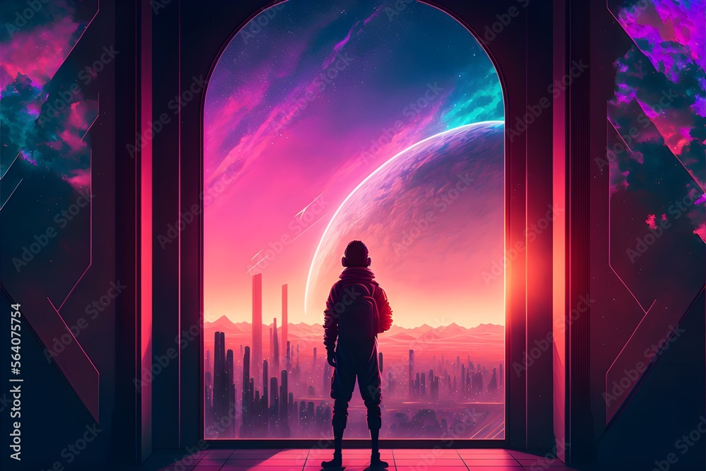 Person Observing Neon Metropolis from Spaceship Person Observing Neon Metropolis from Spaceship