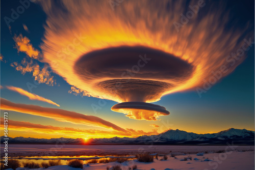 epic scenic sunset sunrise in the lenticular clouds, golden hour orange and red, dramatic, sky replacement landscape photography	
