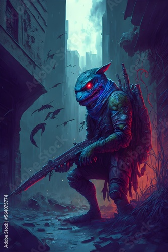 Anthropomorphic Lizard Holding Gun In Post-Apocalyptic Alley