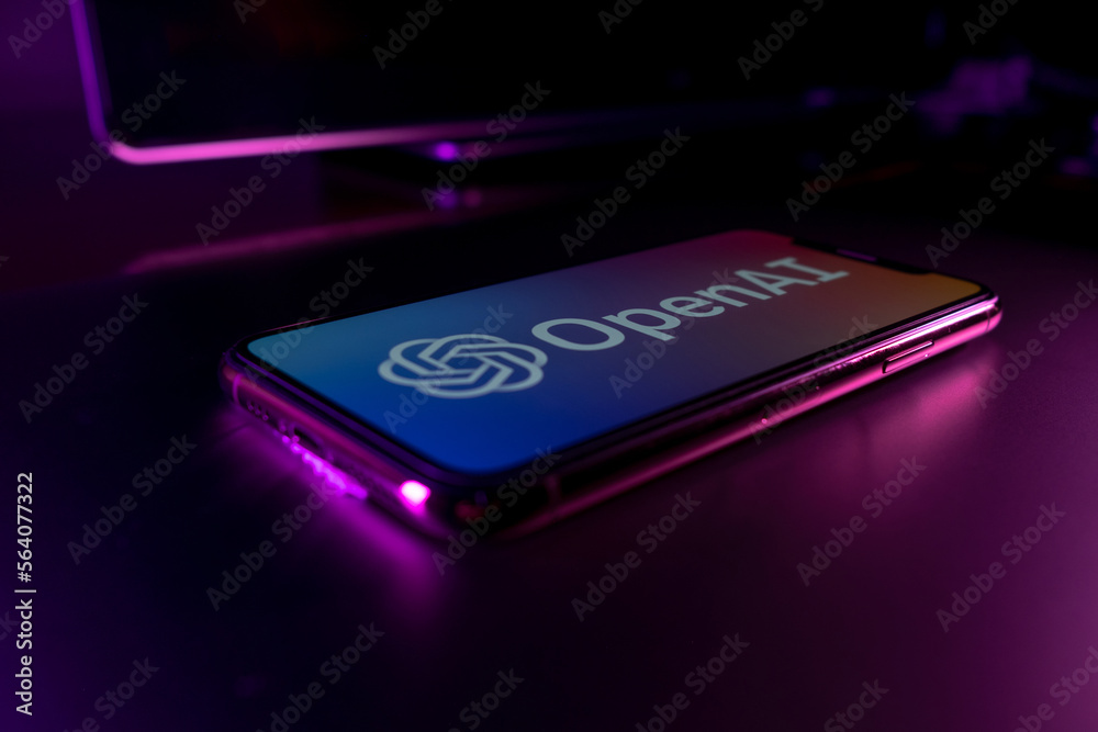 Azores, Portugal - 21.01.2023: SmartPhone standing on desk with OpenAI