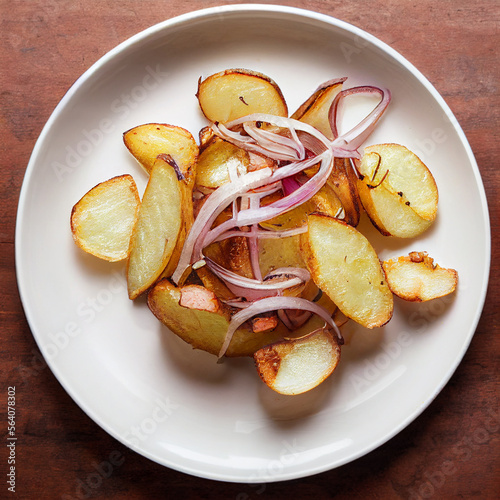 Roasted potatoes sprinkled with fresh onions in a white plate. Shallow depth of field