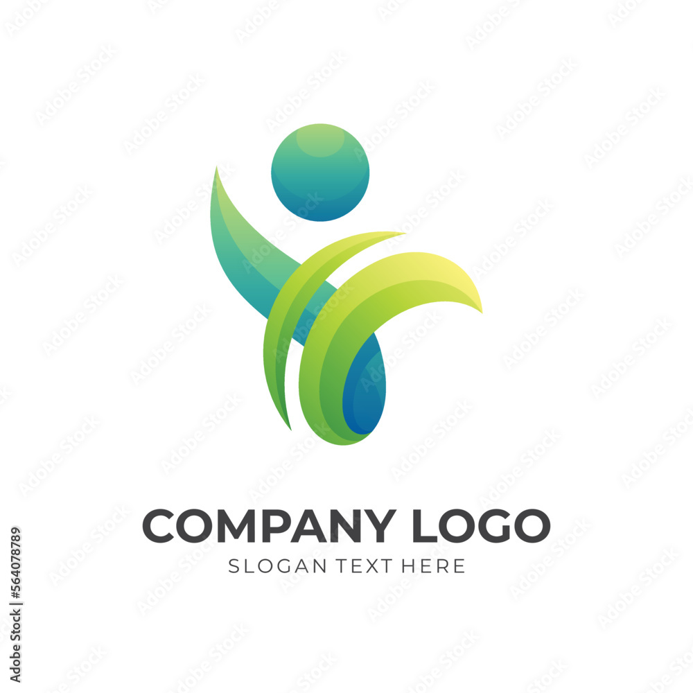 herbal human logo template, people and leaf combination logo with 3d green color style