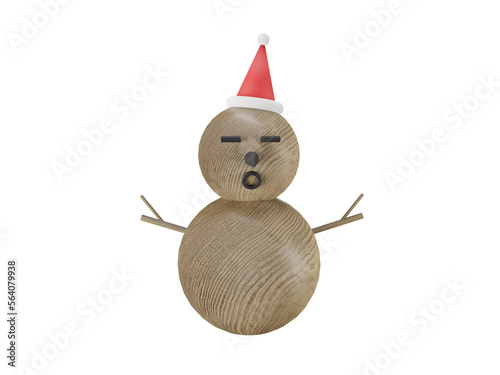 3d render of brown wooden snowman with red hair velvet scarf and hat isolated on transparent background