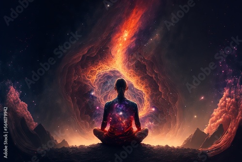 Woman sitting in yoga lotus pose Back view  connection to space