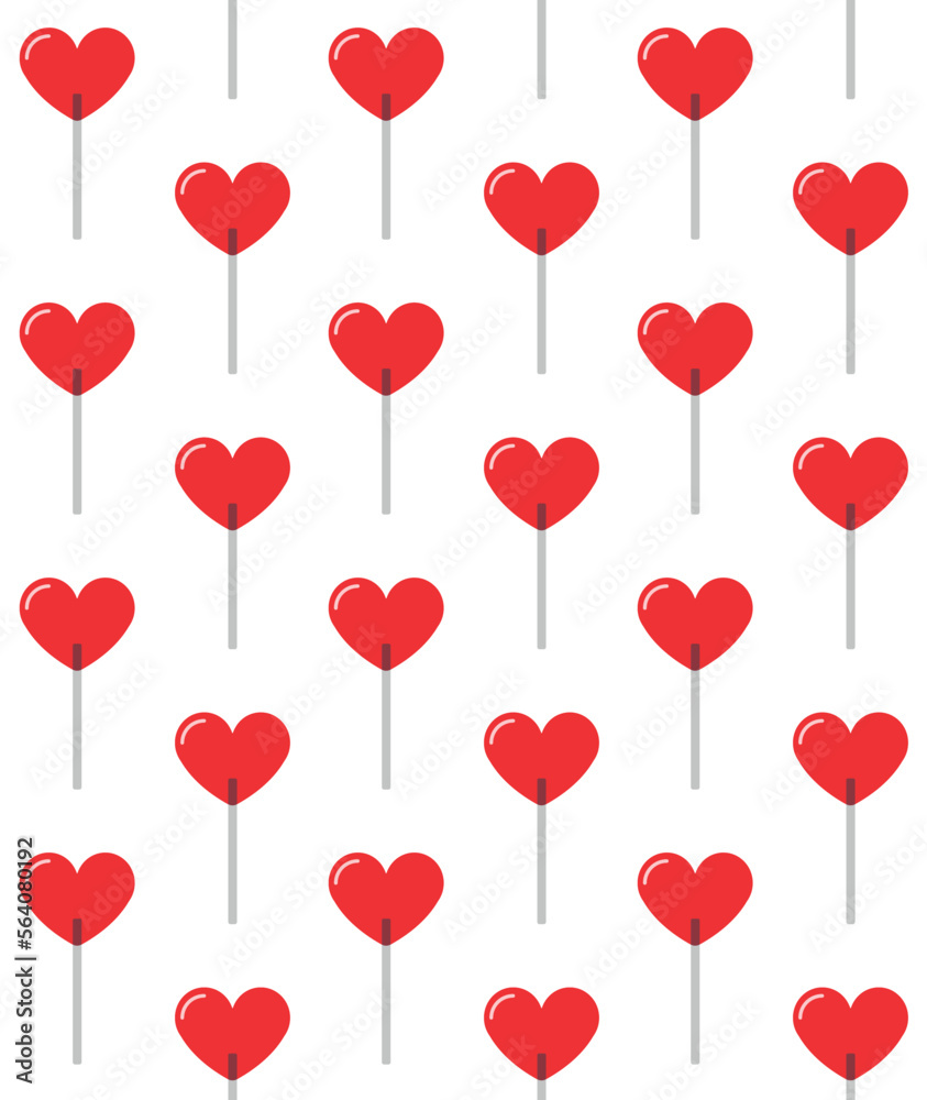 Vector seamless pattern of flat heart lollipop candy isolated on white background